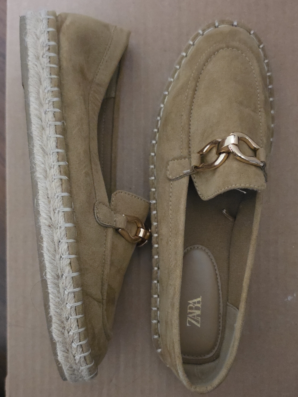 ZARA Tan Suede Espadrille Loafers with Gold Chain Detail